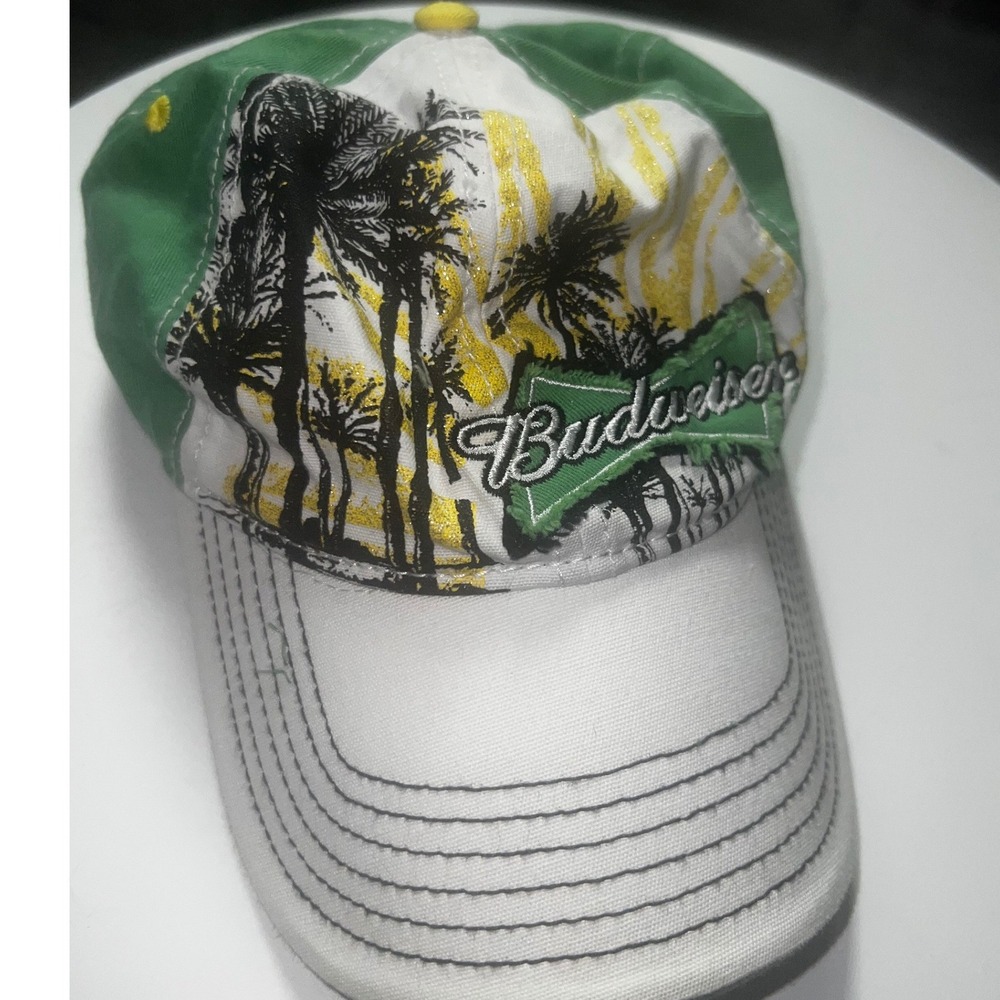 Vintage 2009 Budweiser Snapback Hat‎ Green White Palm Tree Tropical Beer Cap